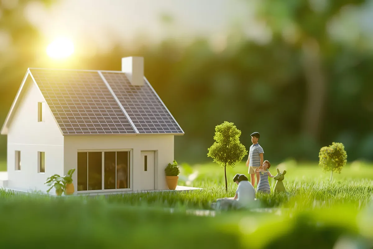 庭に置かれた住宅模型と家族のイメージ