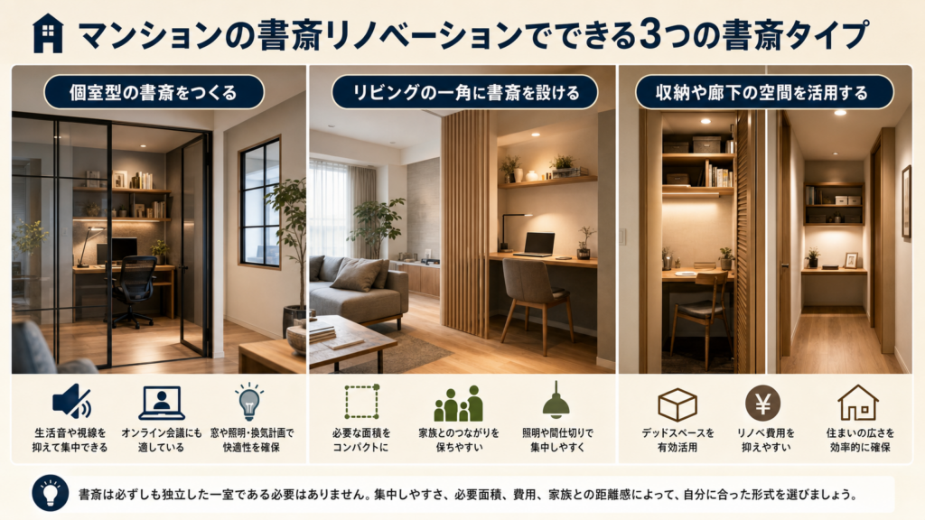 マンションの書斎リノベーションでできる3つの書斎タイプ