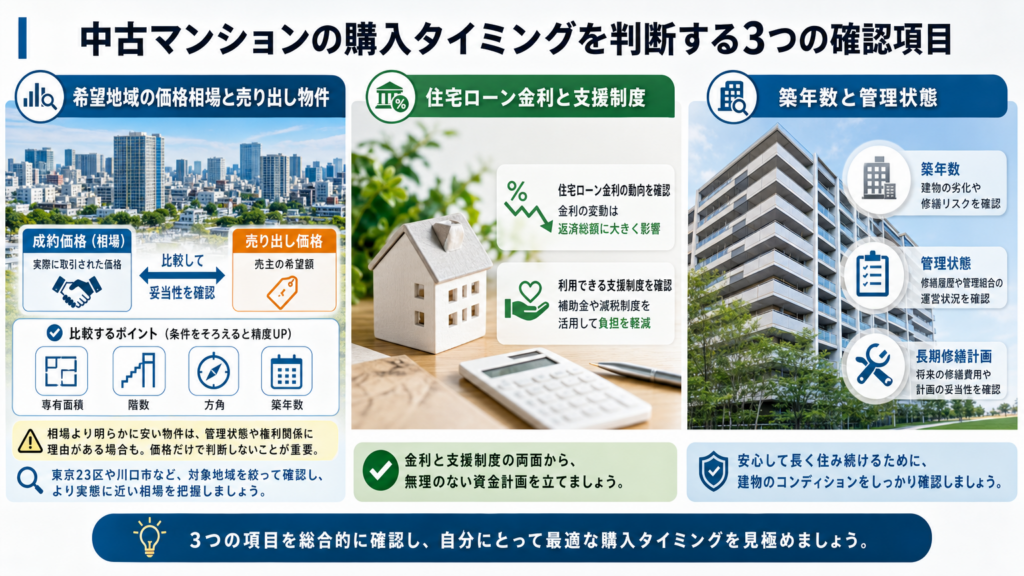 中古マンションの購入タイミングを判断する3つの確認項目