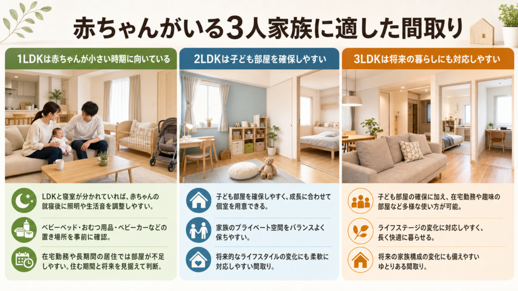 赤ちゃんがいる3人家族に適した間取り